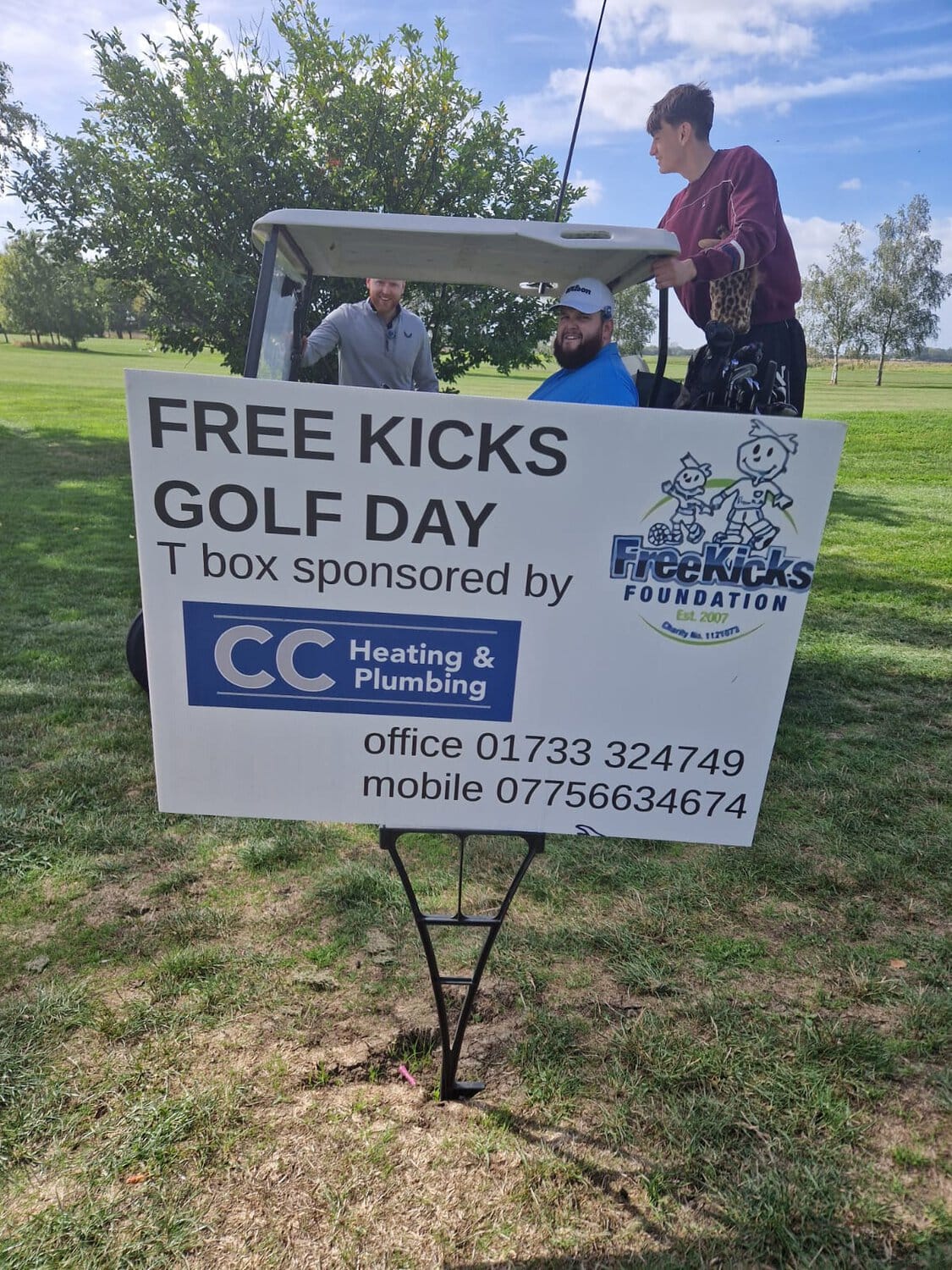 CC Heating & Plumbing sponsorship sign at the Free Kicks Foundation Golf Day 2026